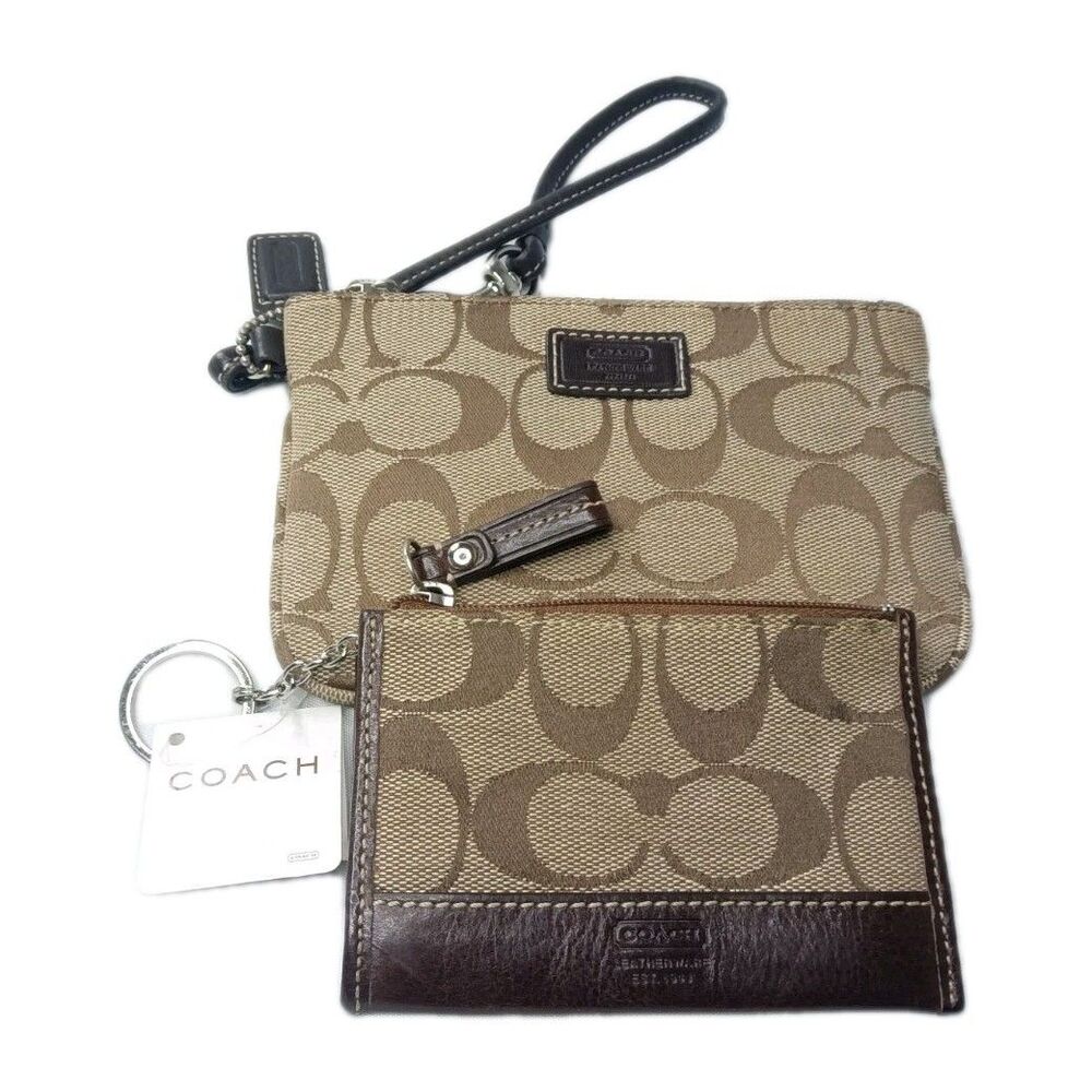 Coach Wristlet & Card Wallet Set Signature Khaki Mahogany Vintage Y2K